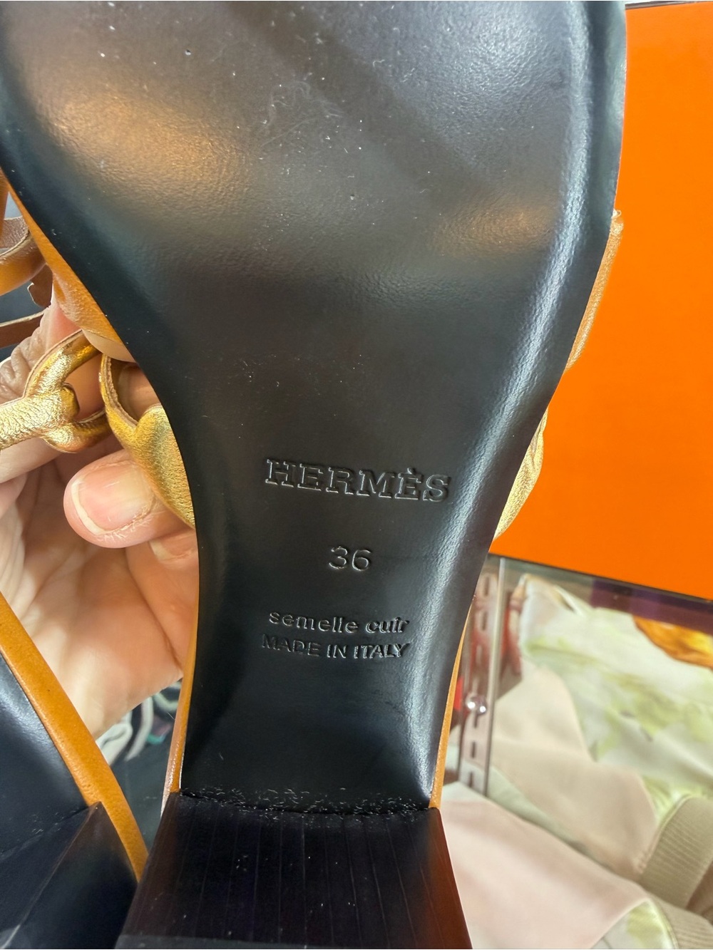 Hermes Tan Leather Chain-Link Slide Heels - Picture 10 of 12